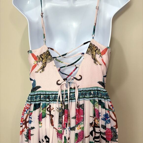 H&M Pink Pleated Jungle Print Midi Dress 6 Strappy Lace Up Back Tropical Animals - Picture 6 of 12